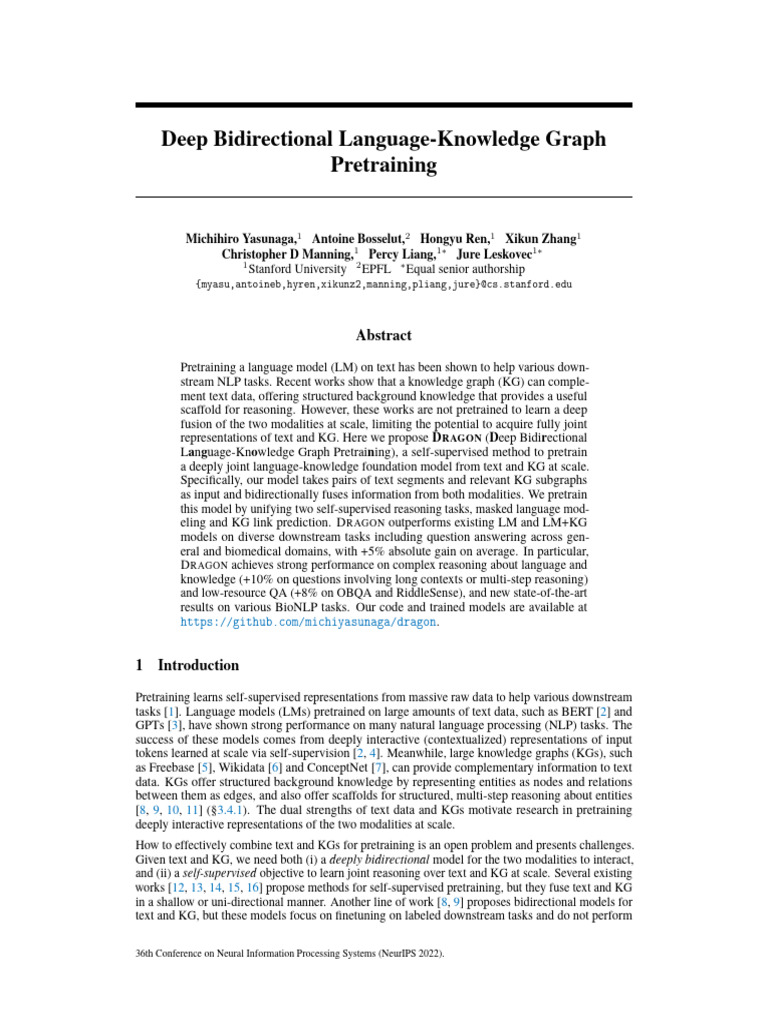Neurips 2022 Deep Bidirectional Language Knowledge Graph Pretraining