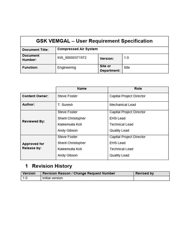 GSK VEMGAL Compressed Air System Requirements | PDF | Verification And ...