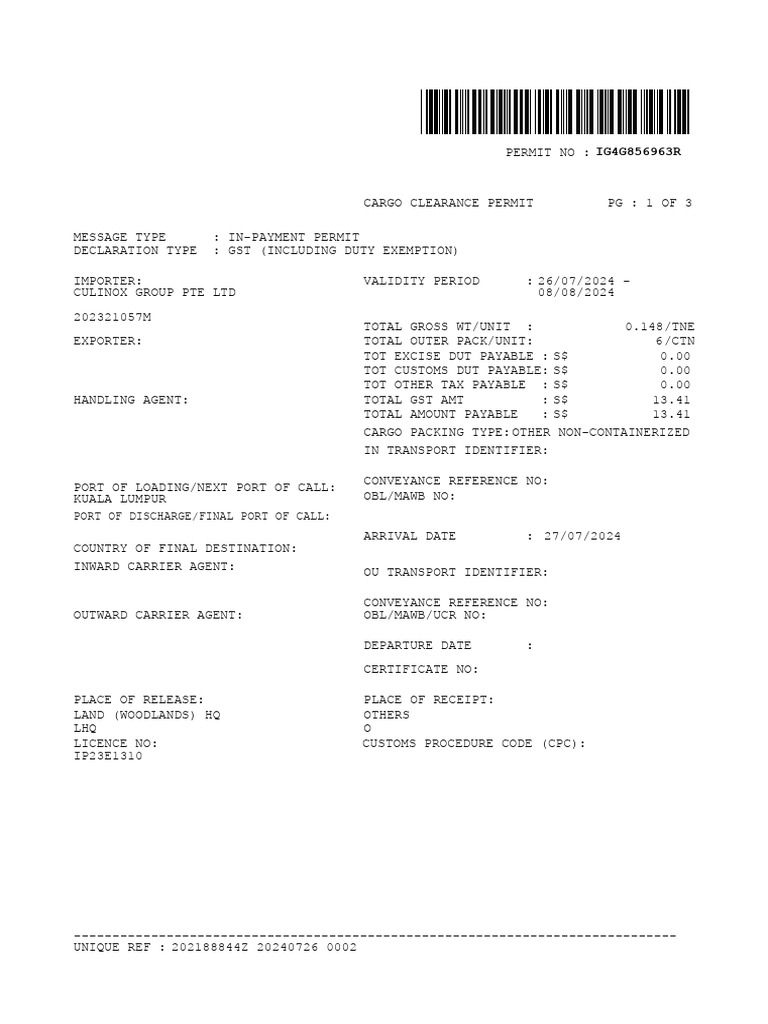 Singapore Cargo Clearance Permit | PDF | Customs | Taxation
