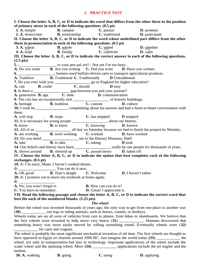 Practice Test for English Language Skills | PDF | Wheel