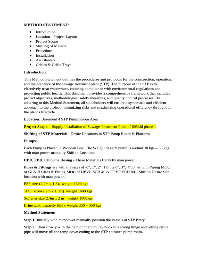 Sewage Treatment Plant Method Statement | PDF | Pump | Pipe (Fluid ...