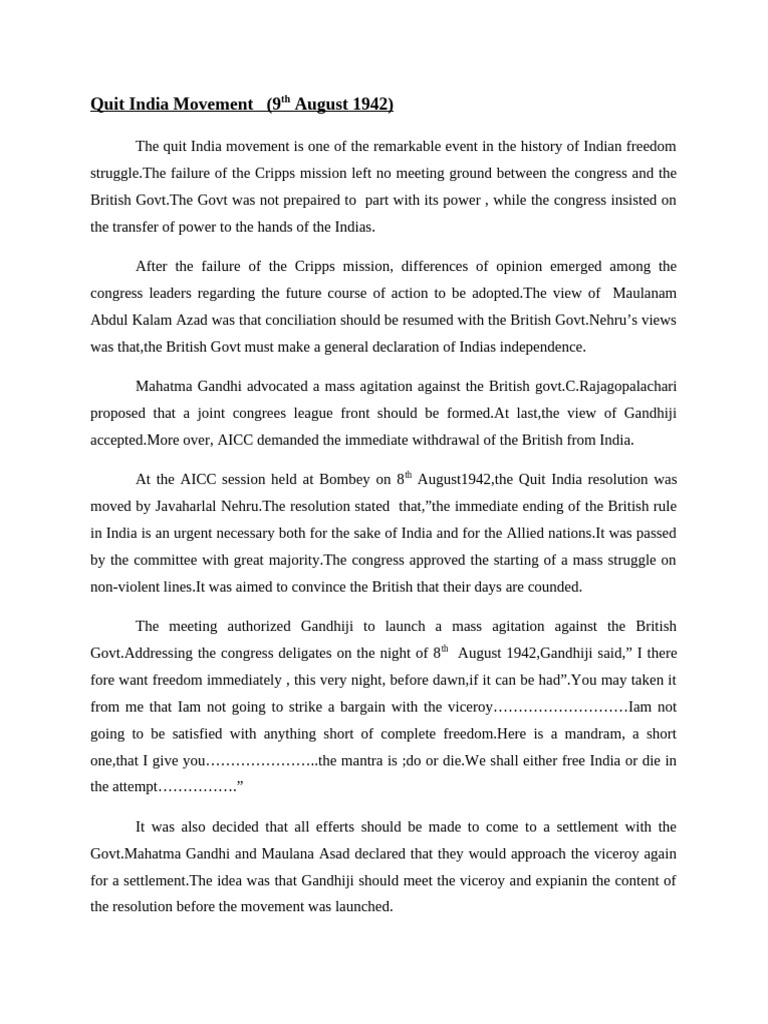 Quit India Movement Overview | PDF | Mahatma Gandhi | Jawaharlal Nehru