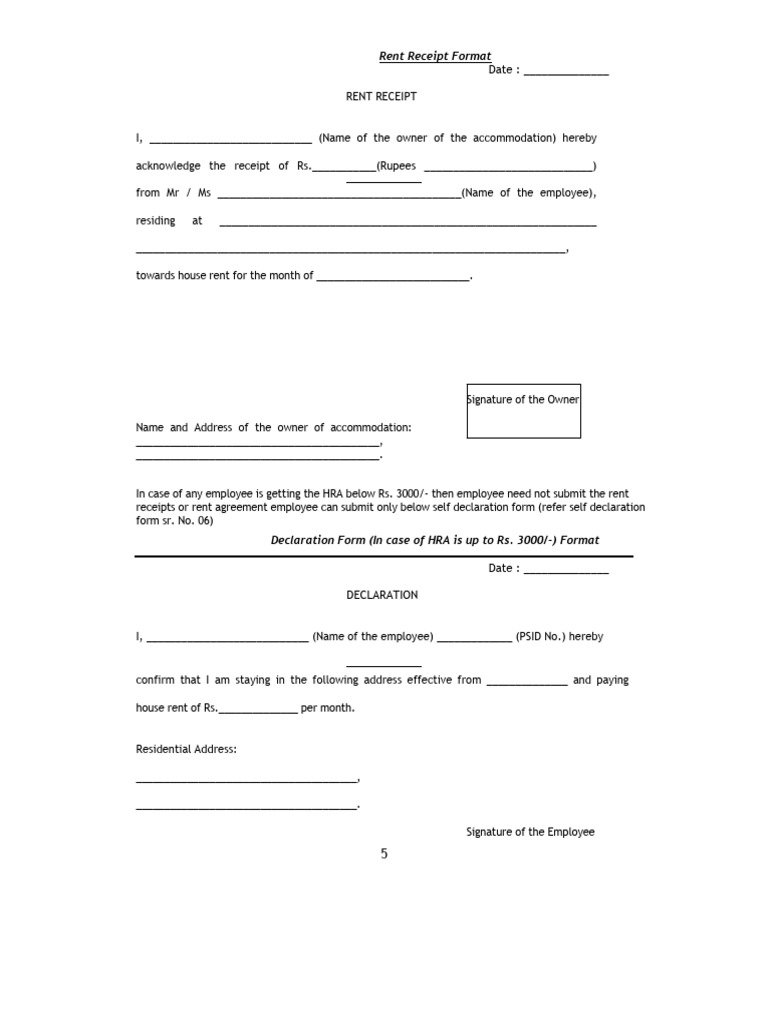 Rent Receipt and Declaration Formats | PDF