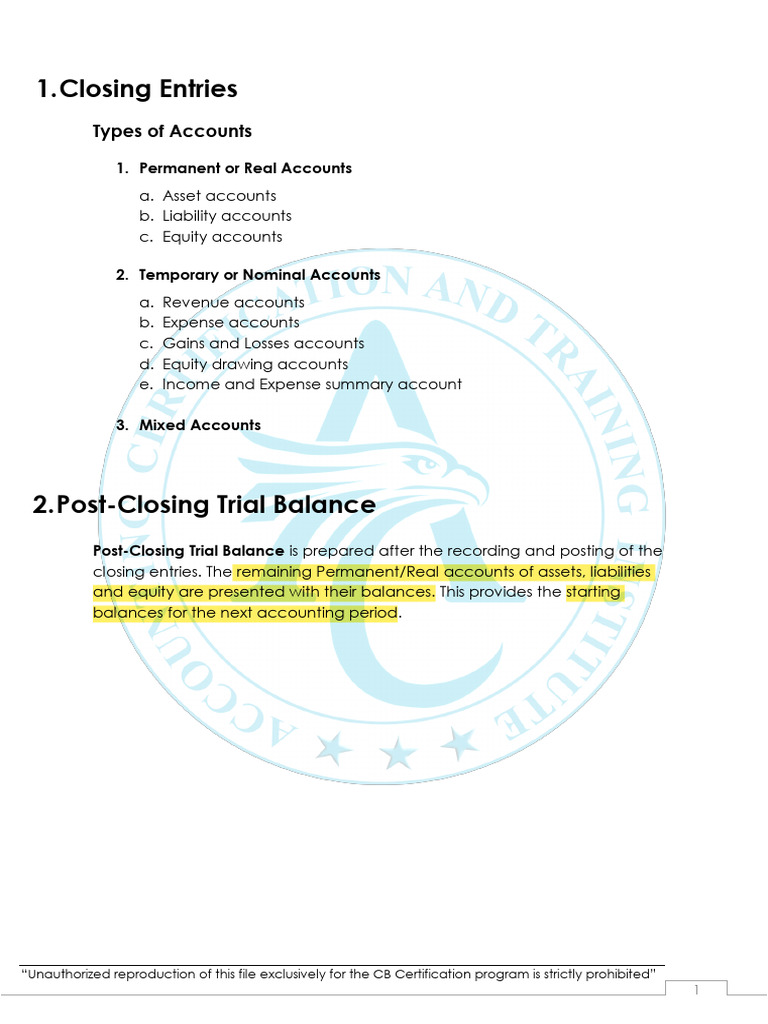 Chapter 5 - Closing Entries and Post Closing Trial Balance | PDF