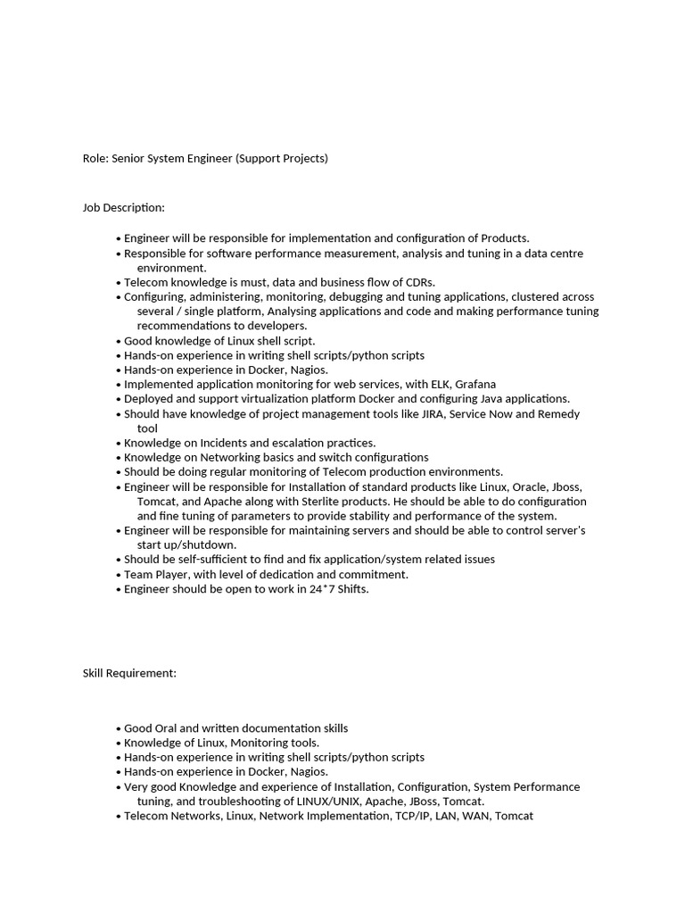 JD Senior System Engineer-Intellza | PDF | Linux | Computer Network