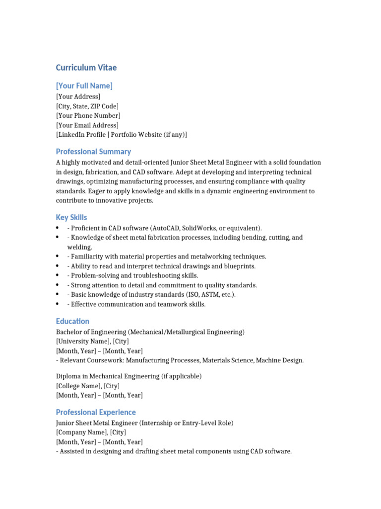 Junior Sheet Metal Engineer CV | PDF | Engineering | Sheet Metal