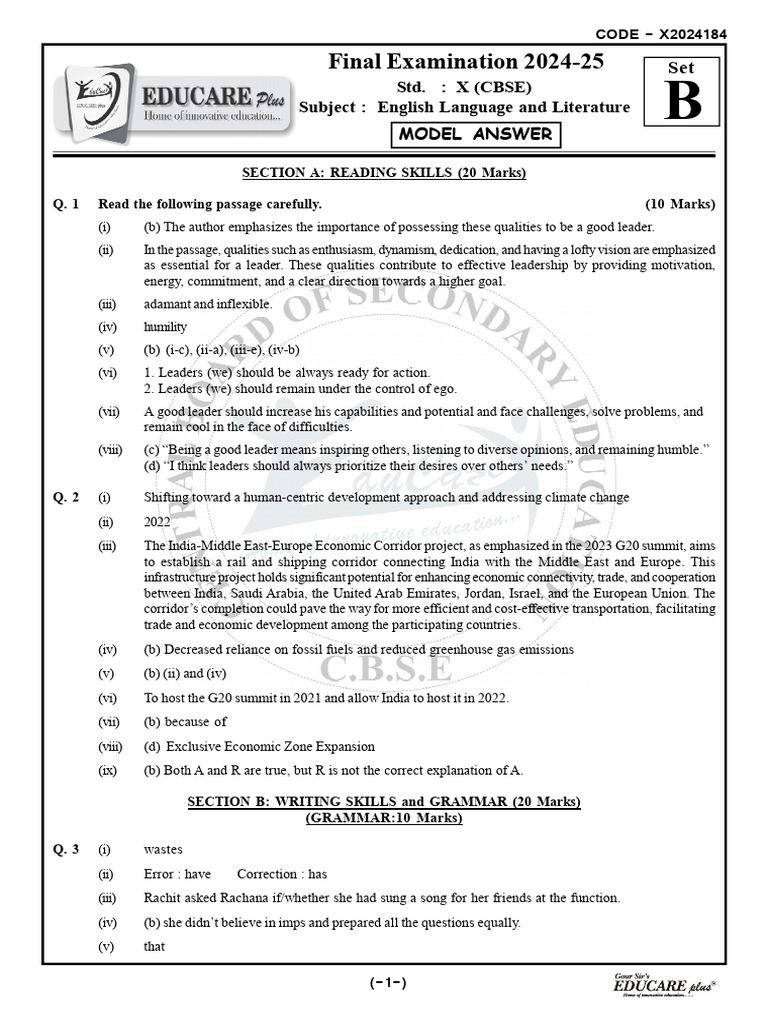CBSE Class X English Model Answer 2024-25 | PDF
