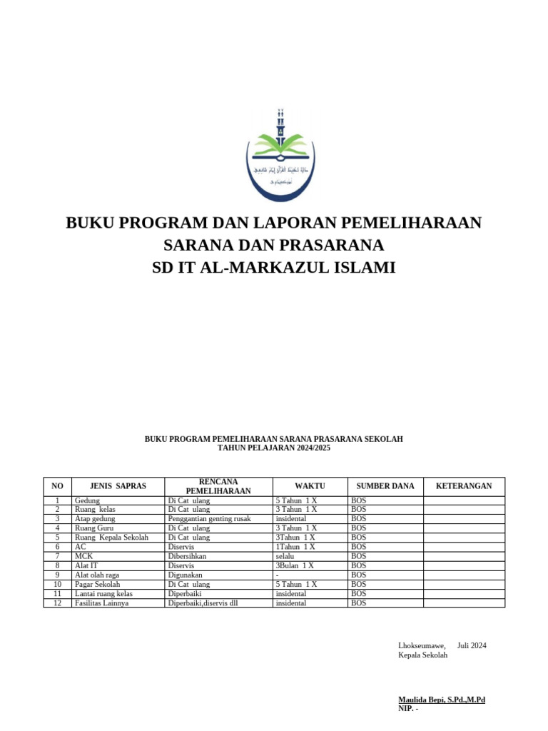Buku program dan laporan pemeliharaan sarana dan prasarana 2024 2025 pdf