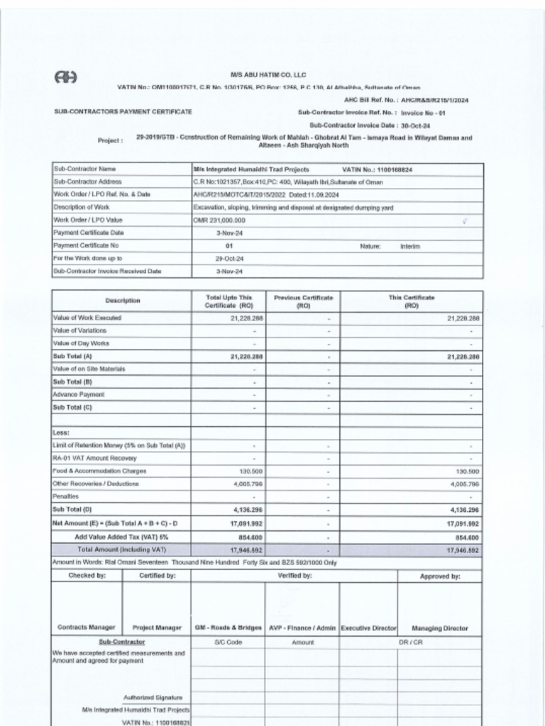 Revised Intergrated Humaidhi Trade Project RA Bill No 1 | PDF