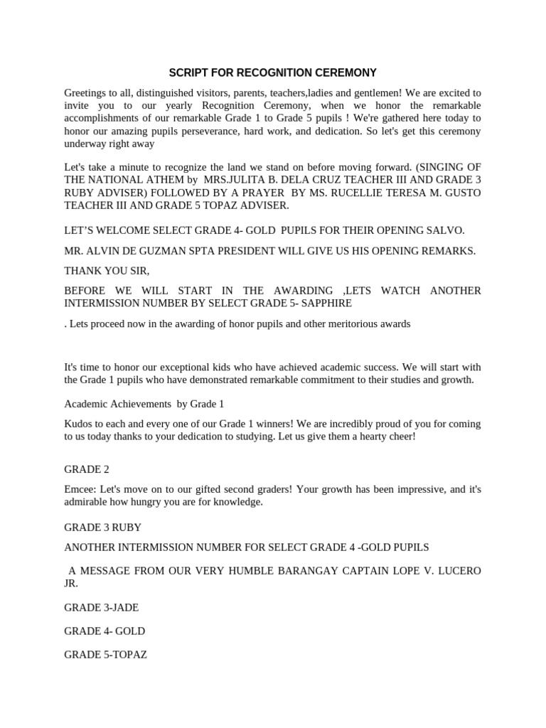 Script For Recognition Ceremony | PDF