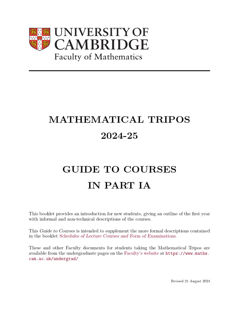 2024-25 Mathematical Tripos Part IA Guide | PDF | Integral | Matrix ...