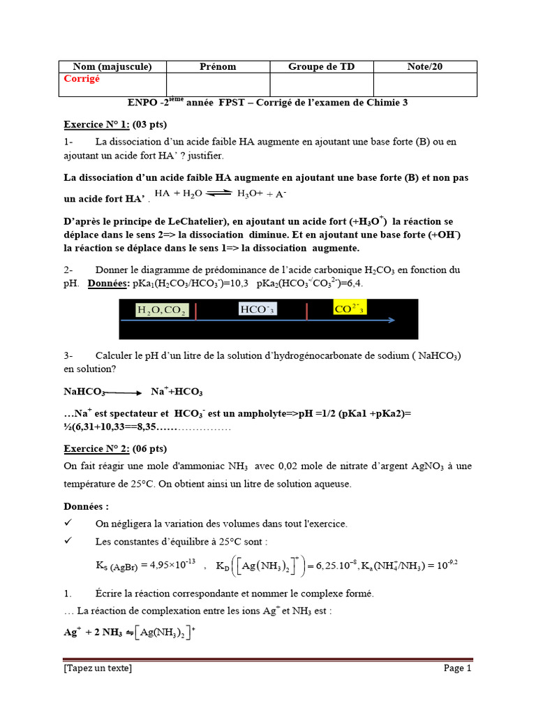 Corrigé Examen Chimie 3 - 2ème Année | PDF | Dissociation (chimie) | Acide
