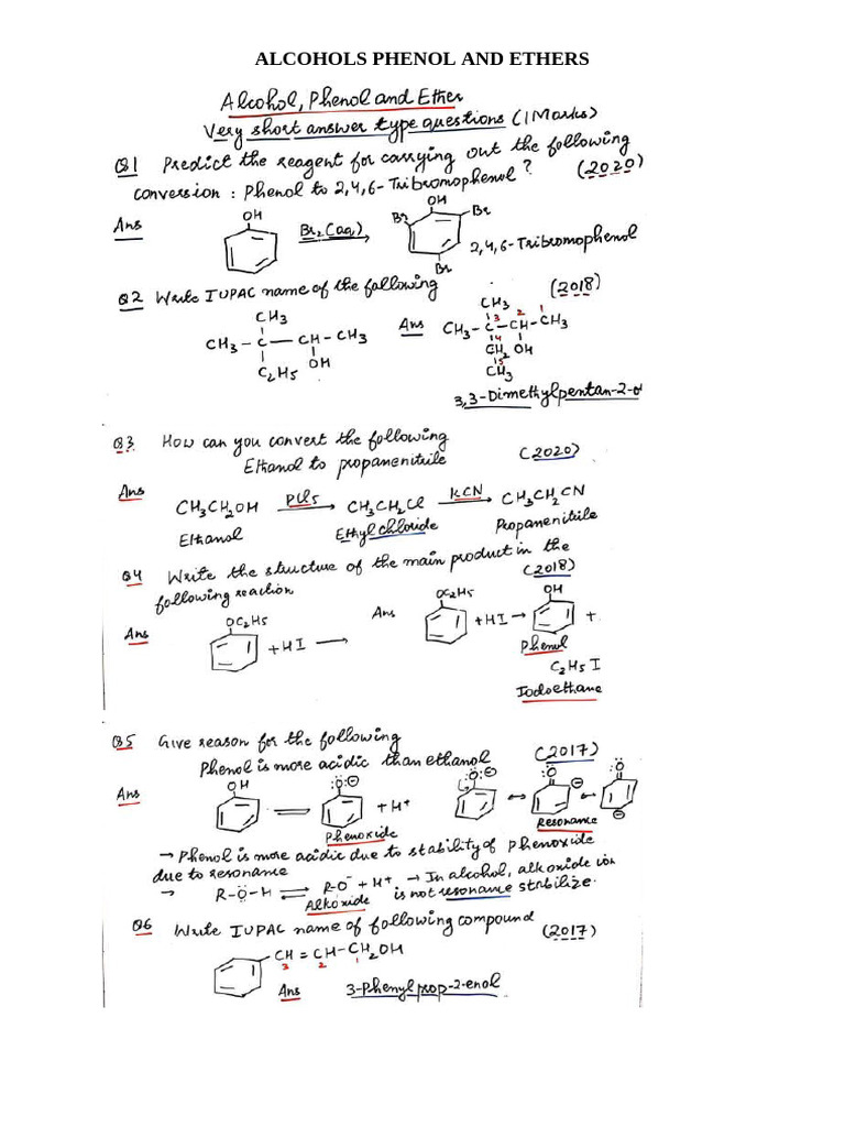 Alcohols Phenol and Ethers Pyq 2013-23 | PDF