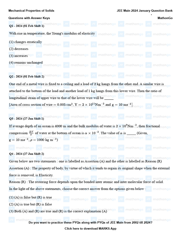 JEE Main 2024: Mechanical Properties Questions | PDF | Elasticity ...