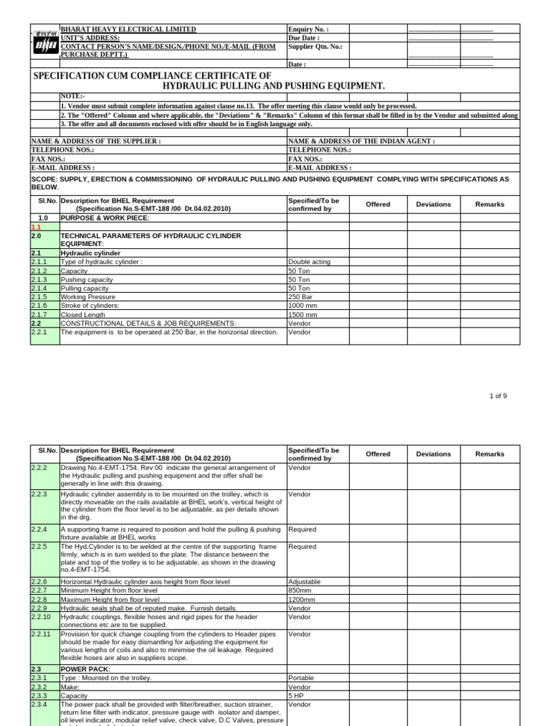 BHEL Hydraulic Cylinder Specification Document | PDF | Specification ...