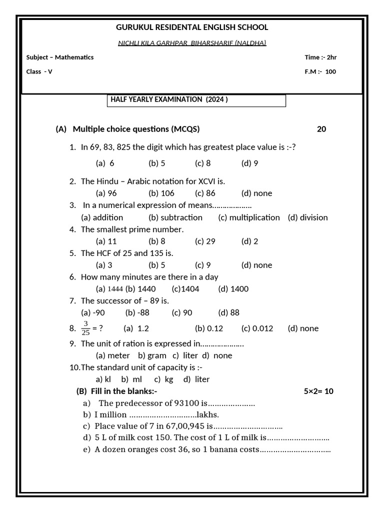 class 5th MATH - . | PDF | Arithmetic | Mathematics