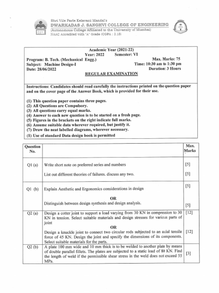 Mech-Sem VI-Machine Design - I | PDF