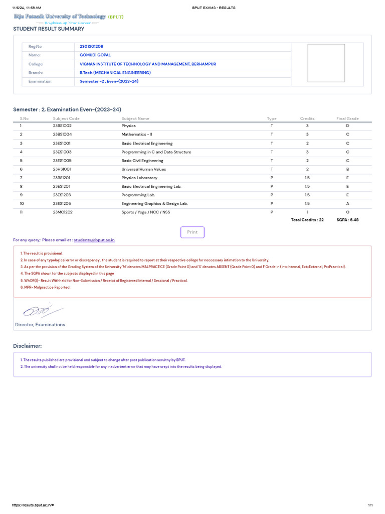 BPUT Semester 2 Exam Results 2023-24 | PDF | Physical Sciences ...