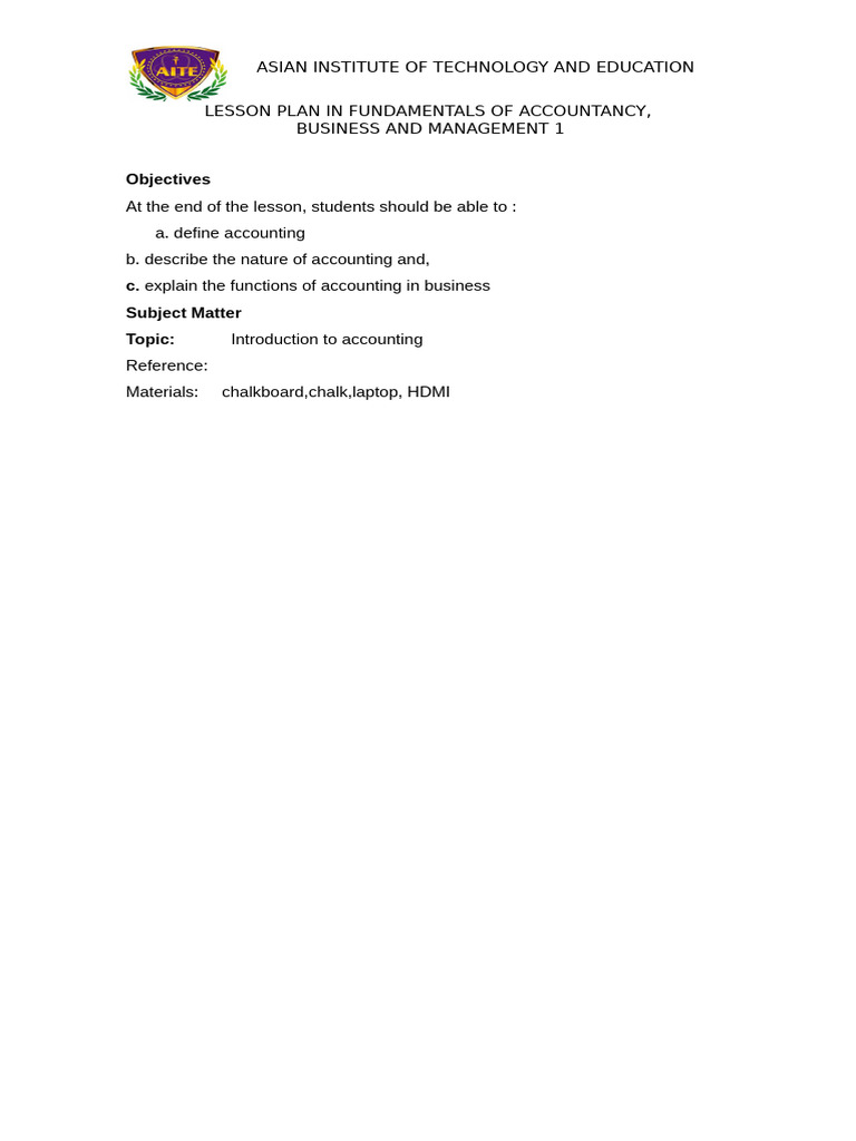 Lesson Plan in Fundamentals of Accountancy | PDF