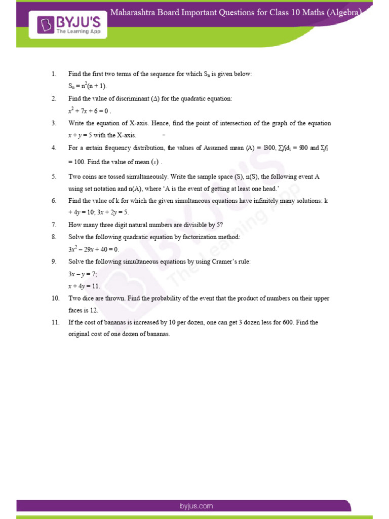 Important Class 10 Maths Questions | PDF