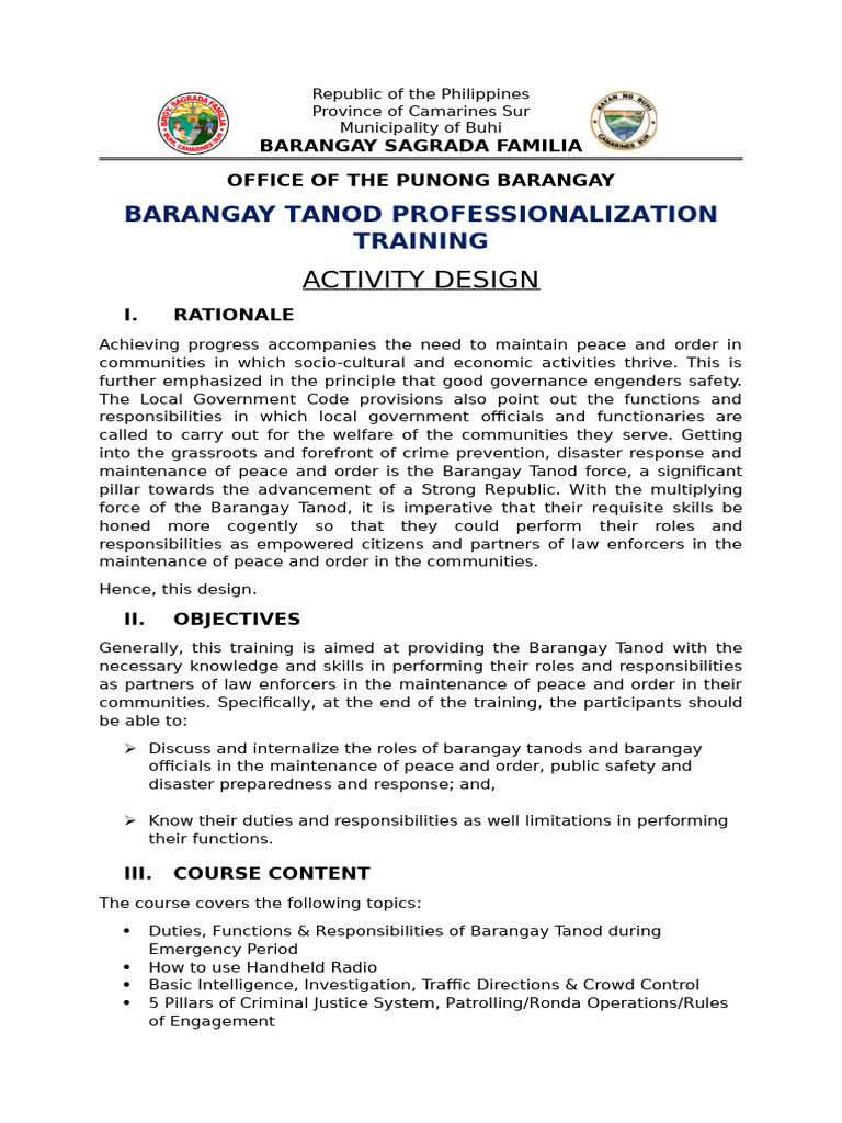 Barangay Tanod Training Activity Design | PDF | Government | Justice