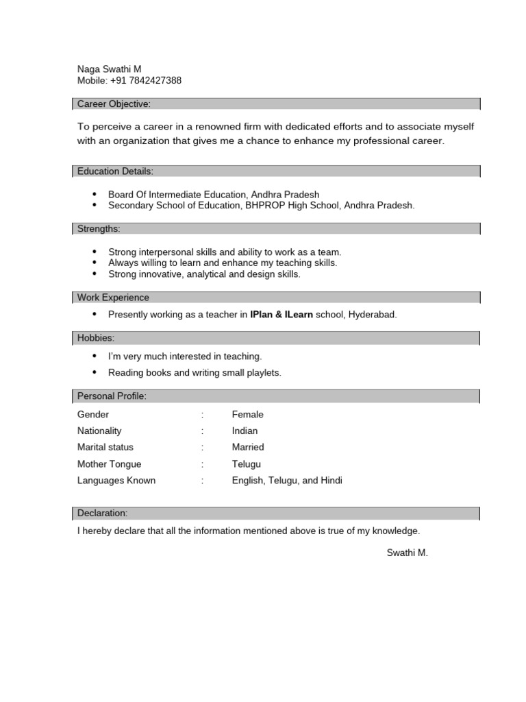 Swathi - Teaching Resume | PDF