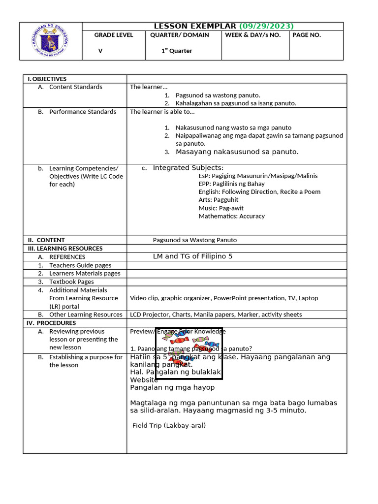 LESSON EXEMPLAR COT For 2023-2024. Quarter 1 Filipino | PDF