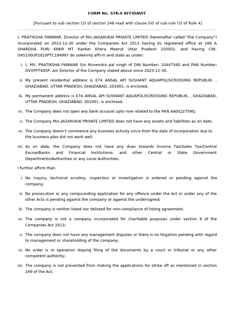 STK-4 Affidavit for Company Status | PDF | Public Law | Justice