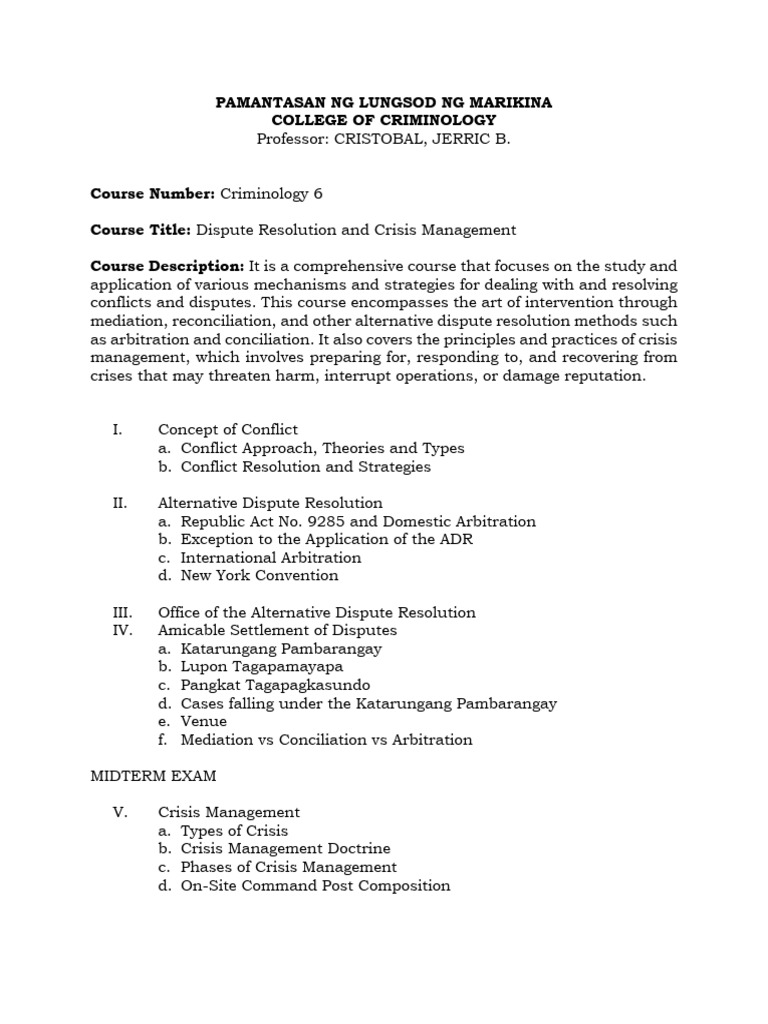 Dispute Resolution & Crisis Management Course | PDF