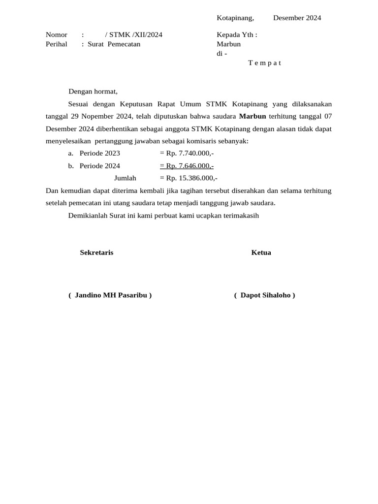 Surat Pemecatan Anggota STMK | PDF