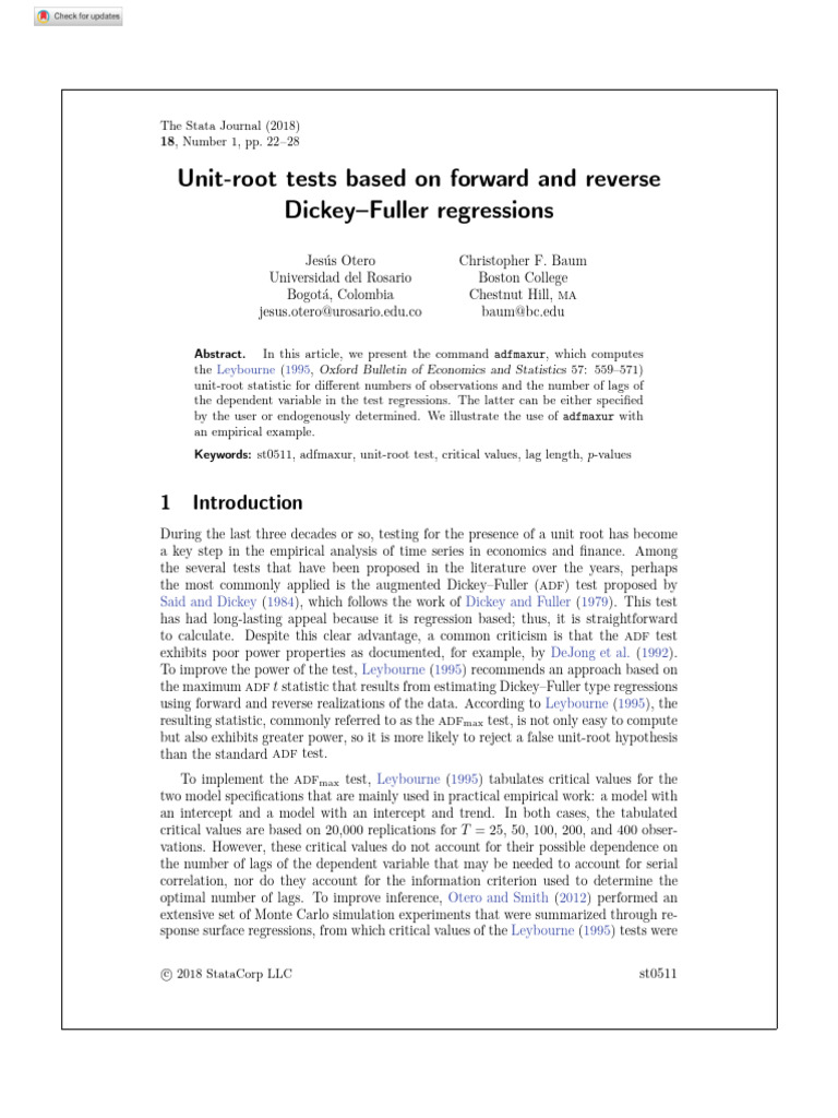 ADFmax Unit-Root Test with Stata | PDF | Linear Regression | Regression ...