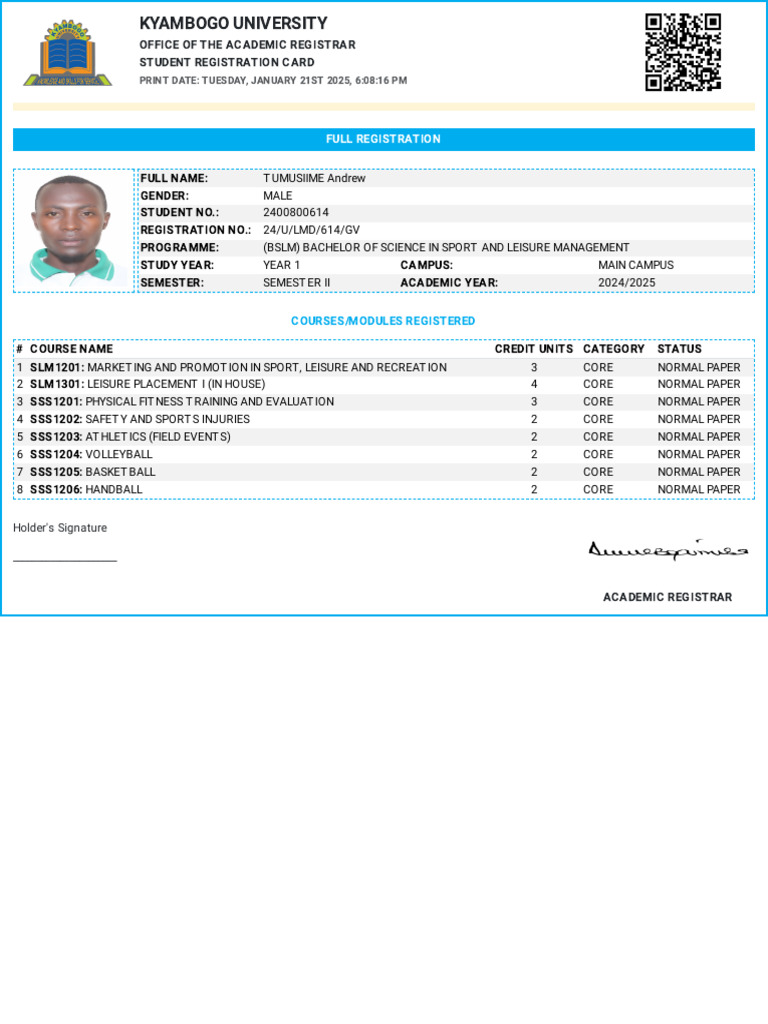 Student Registration Card: T. Umusiime | PDF
