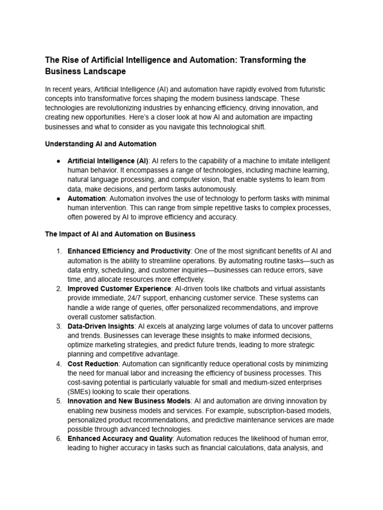 The Rise of Artificial Intelligence and Automation - Transforming The ...
