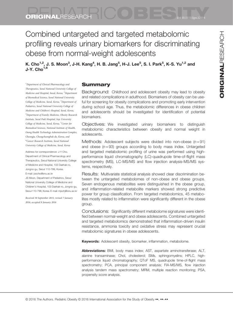 Urinary Biomarkers for Adolescent Obesity | PDF | Metabolomics ...