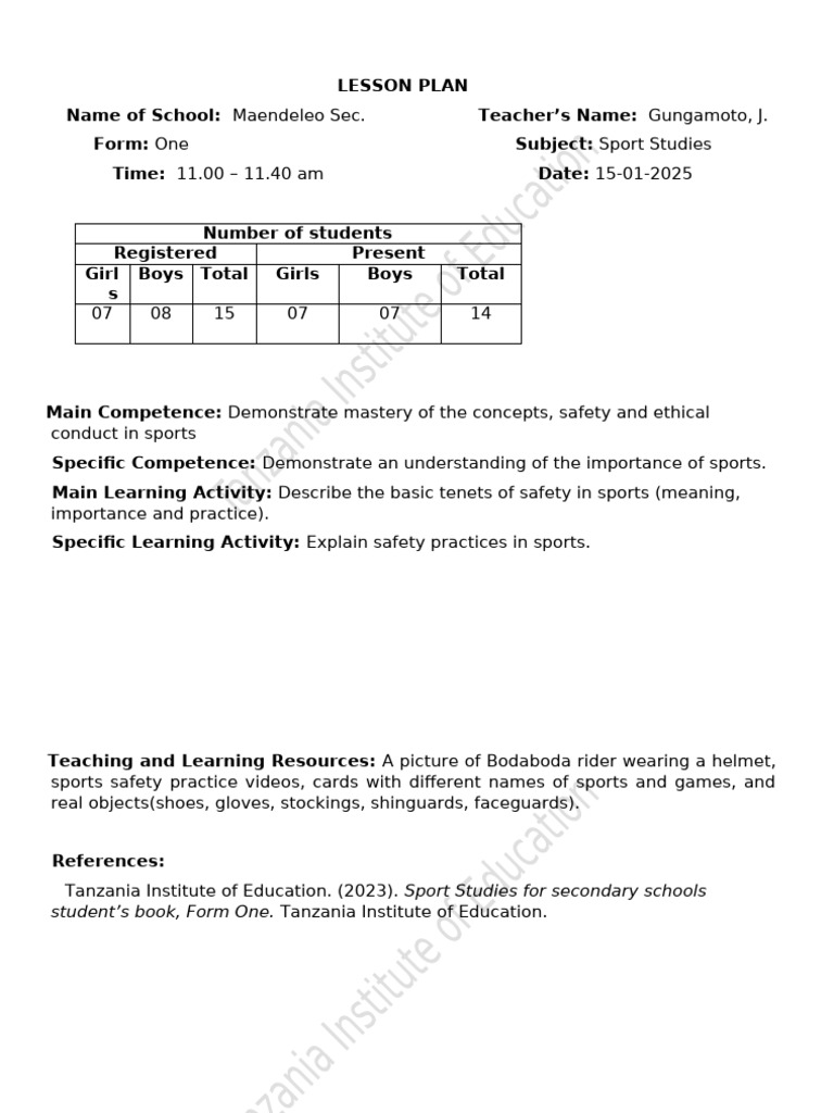 Sport Safety Lesson Plan for Students | PDF | Lesson Plan | Helmet