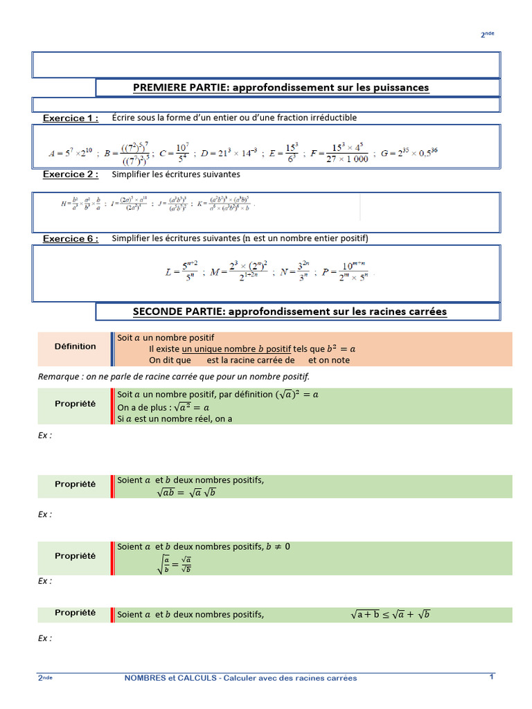 Exercices sur puissances et racines 2nde | PDF | Racine carrée ...