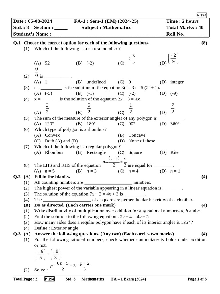 Grade 8 Mathematics FA-1 Exam 2024 | PDF | Elementary Mathematics ...