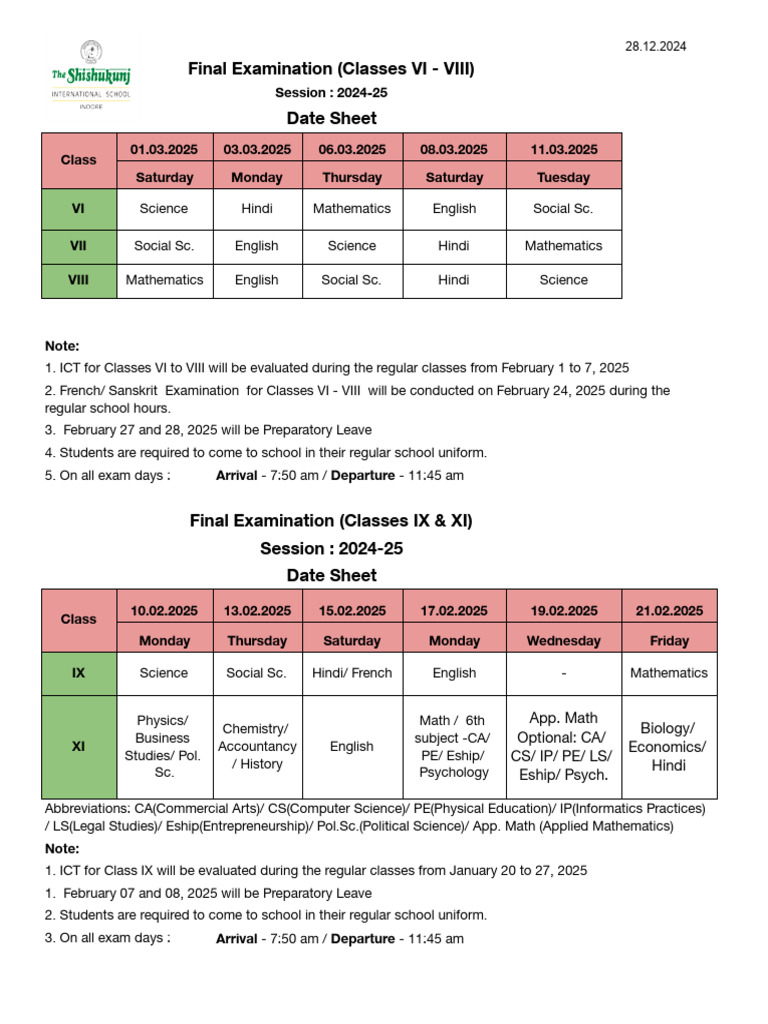 Final Exam Date Sheet VI VIII IX XI | PDF | Science