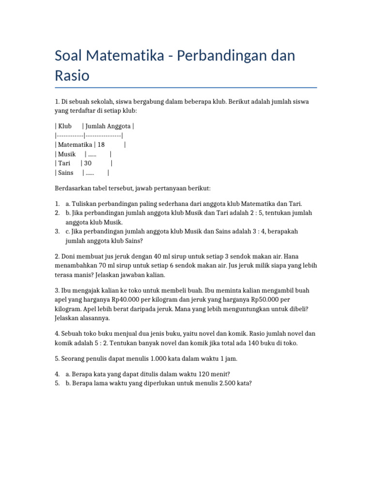 Soal Matematika: Perbandingan dan Rasio | PDF