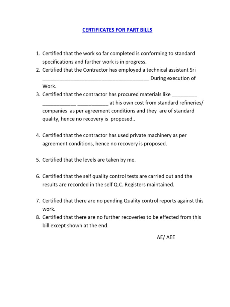 Certificates for Part and Final Bills | PDF