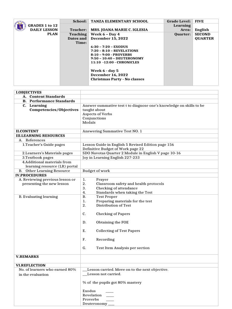 Grade 5 English Lesson Plan Week 6 | PDF | Teachers | Learning