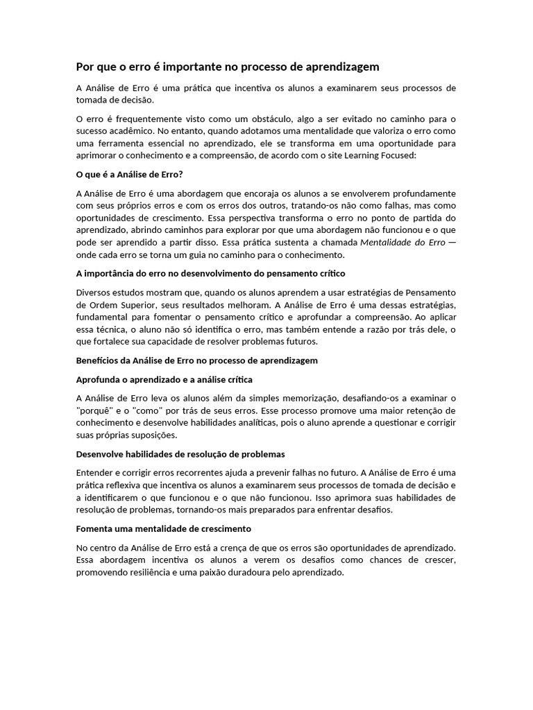 A Importância do Erro na Aprendizagem | PDF | Aprendizado | Pedagogia