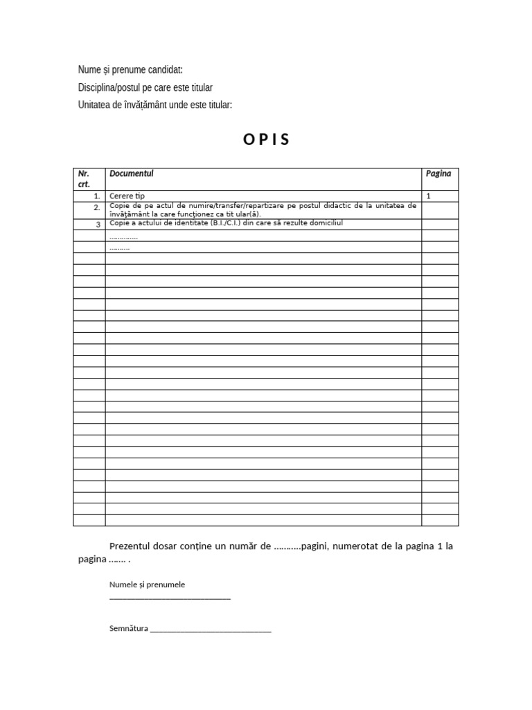 Model Opis Dosar Pretransfer | PDF