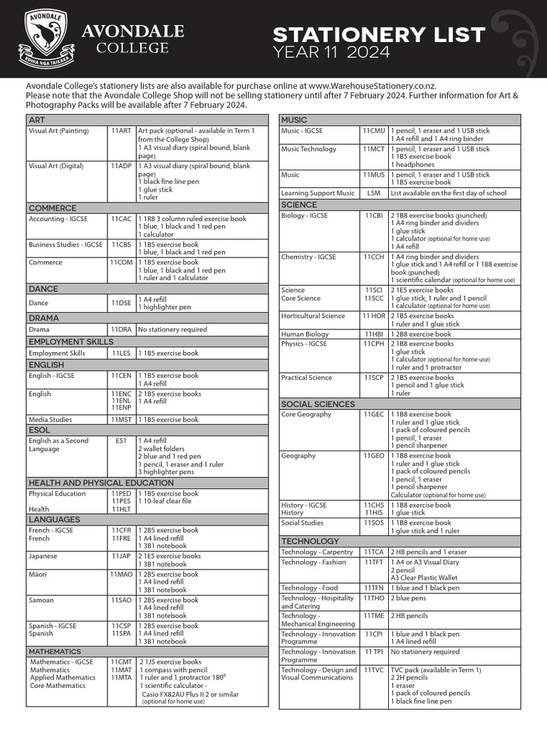 Year 11 2024 Stationery Requirements | PDF | Pencil | Stationery