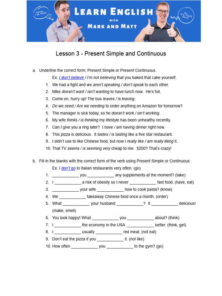 Lesson+#3+-+ (Worksheet) +Present+Simple+vs +Present+Continuous | PDF