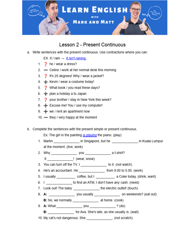 Lesson+#2+-+(Worksheet)+Present+Continuous | PDF