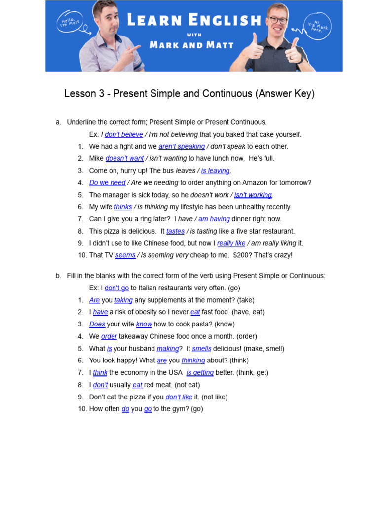 Lesson+#3+-+ (Answer+Key) +Present+Simple+vs +Present+Continuous | PDF