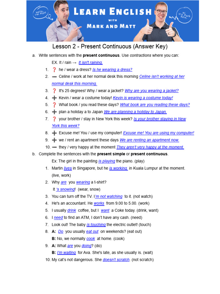 Lesson+#2+-+(Answer+Key)+Present+Continuous | PDF