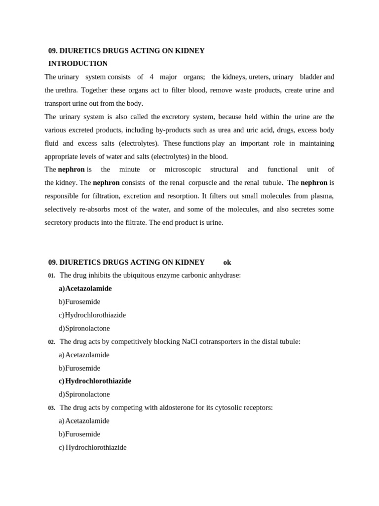 Diuretics Drugs Acting On Kidney | PDF | Kidney | Urinary System