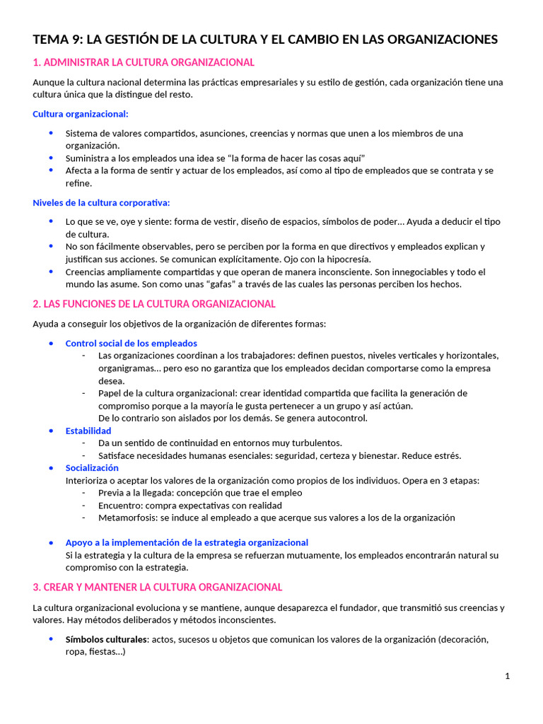 Tema 9 | PDF | Cultura organizacional | Gestión del cambio